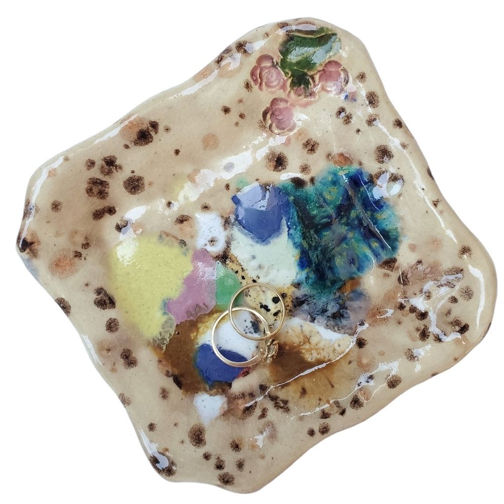 Hand Painted Abstract Floral Ceramic Trinket Dish Signed